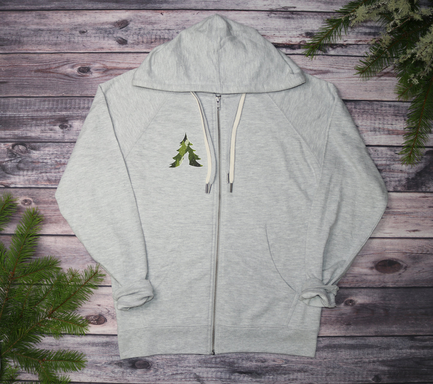 Green Camo Trees Lightweight Terry Zip-Up Hoodie